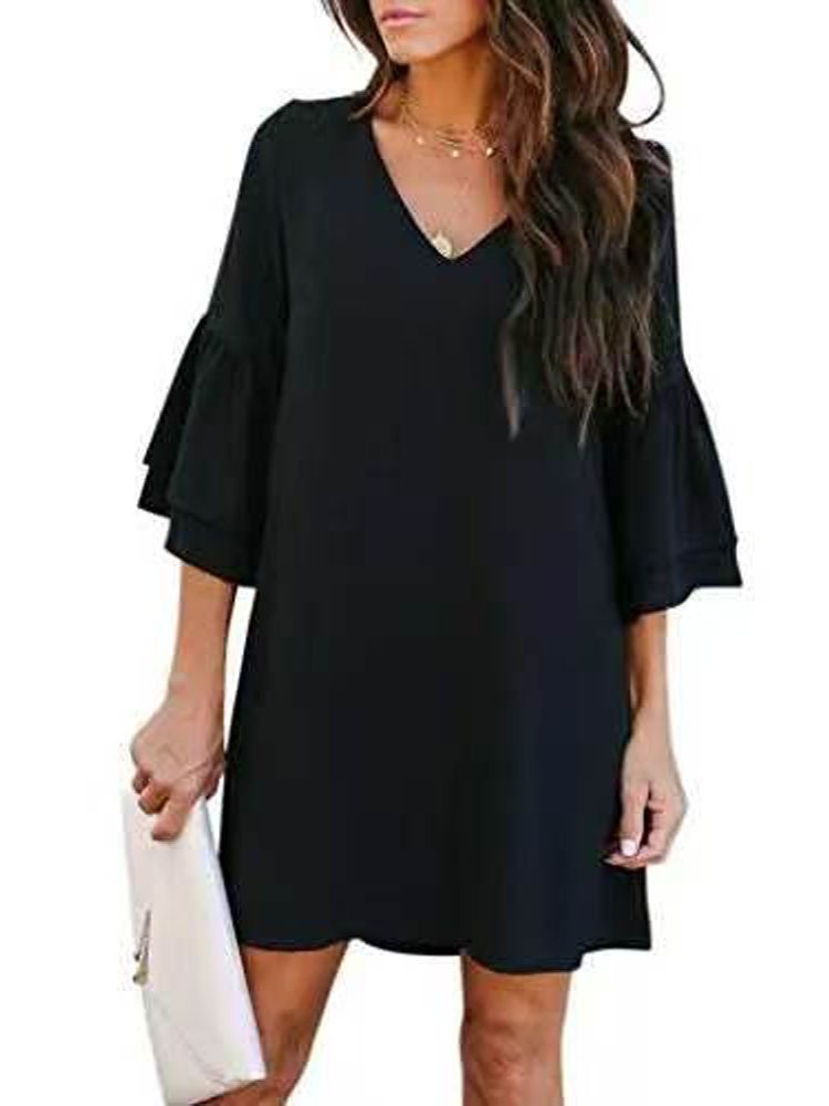 Women's Solid V-Neck Flare Sleeve Loose Dress