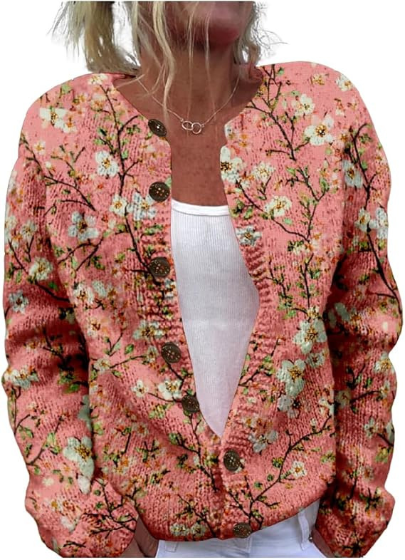 Women's Floral Leopard Snowflake Leaf Print Button Cardigan Sweater
