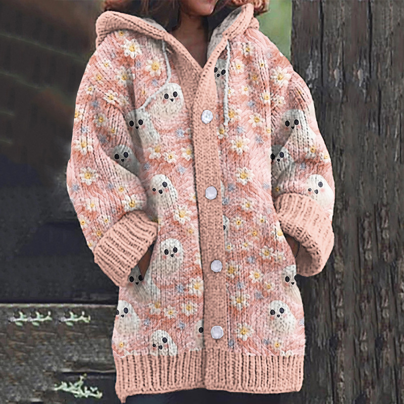 Women's Floral Ghost Print Hooded Button Cardigan Sweater