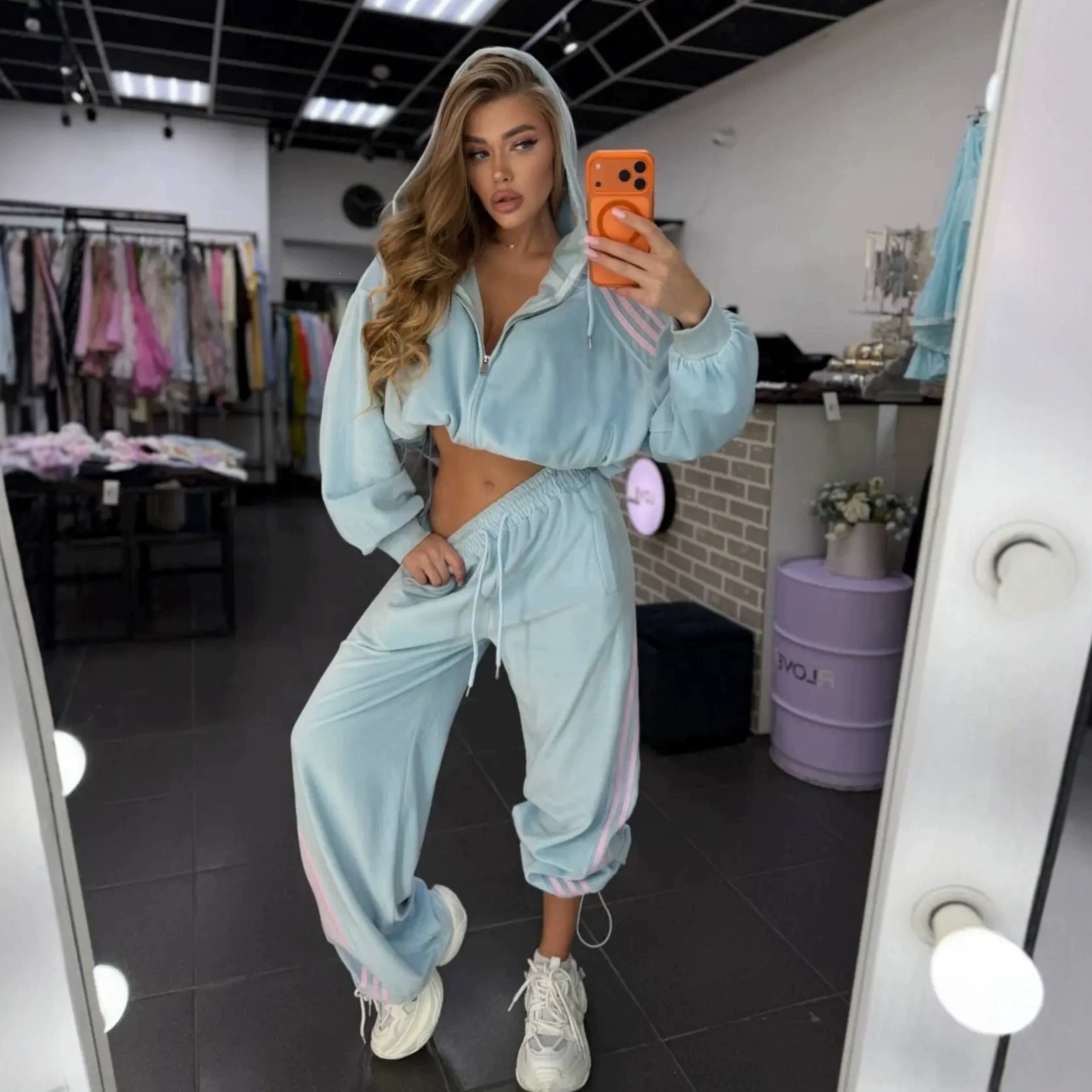Women's Color-Block Zip-Up Hooded Sweatshirt and Drawstring Pants Set