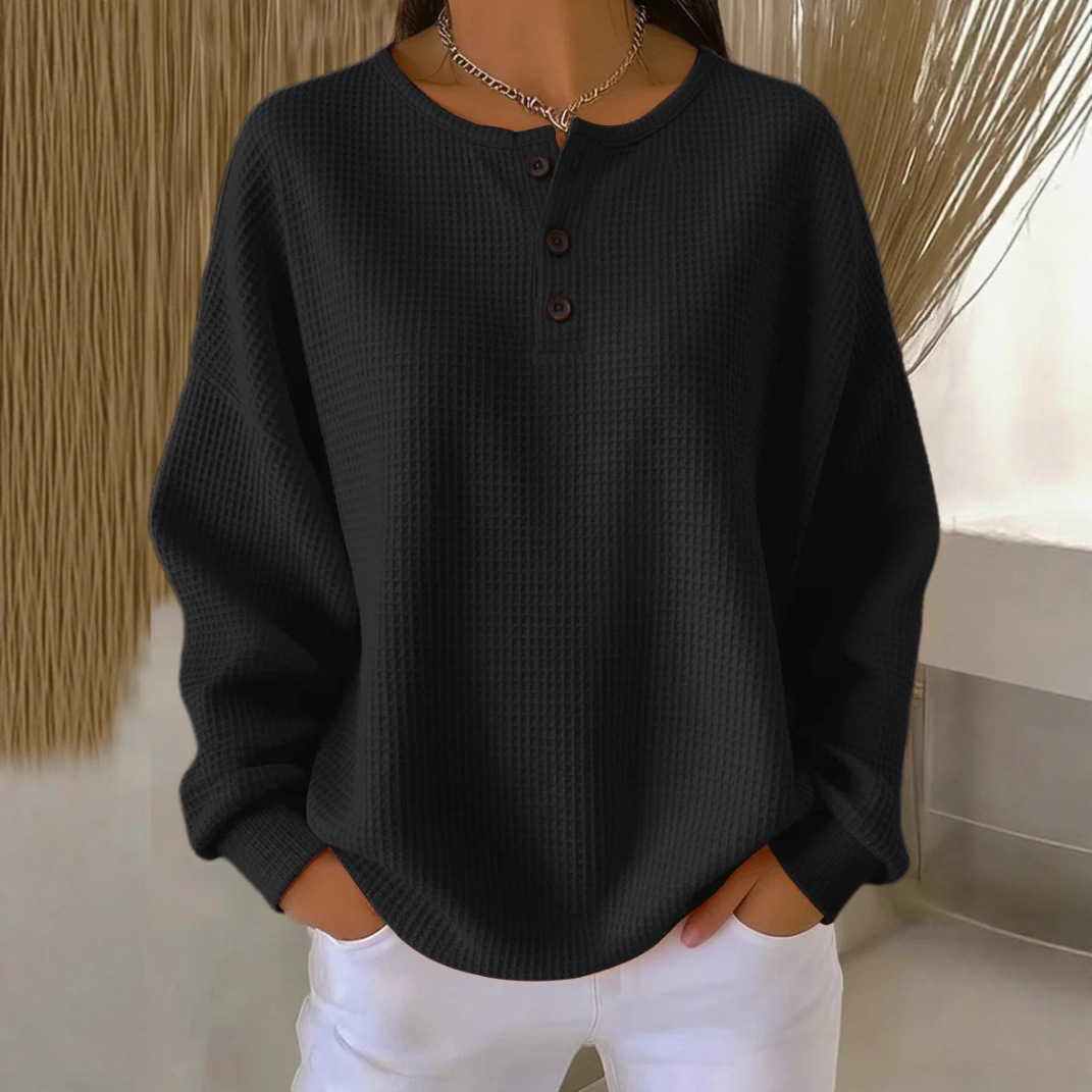 Waffle Knit Crewneck Pullover Loose Fit Solid Color Top