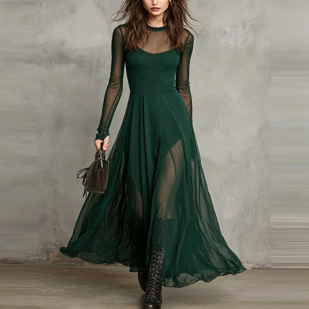 Elegant Patchwork Long Sleeve Mermaid Dress