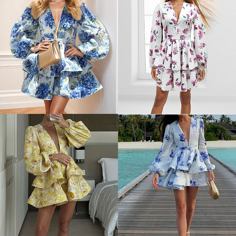 V-Neck Bubble Sleeve Ruffle Print Dress
