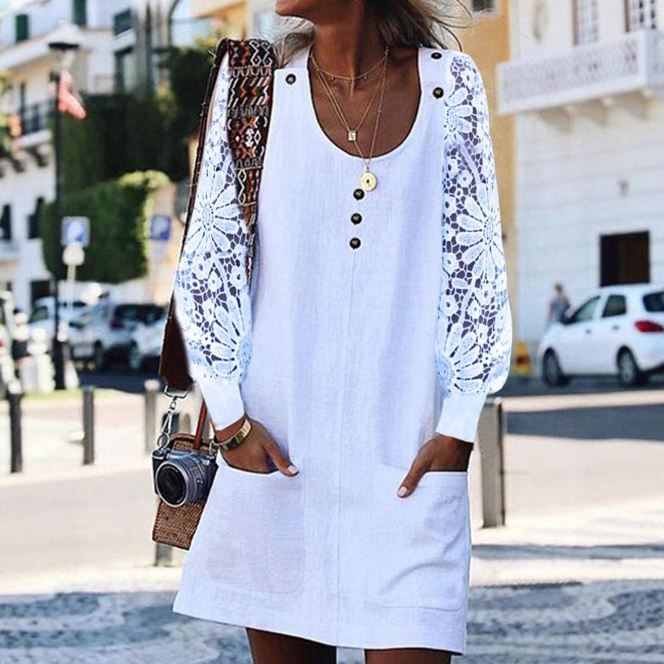 Women's Summer Solid Color Cutout Long Sleeve U-Neck Button Dress with Pockets