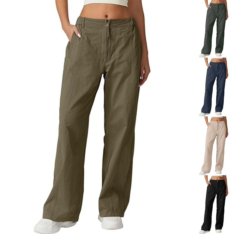 High-Waist Straight-Leg Cotton Pants with Pockets