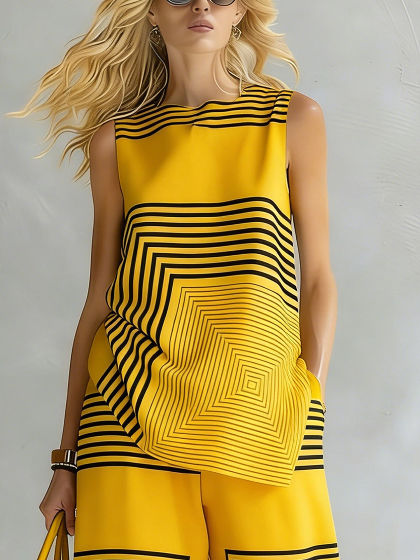 Striped Sleeveless Round Neck Top and Pants Set