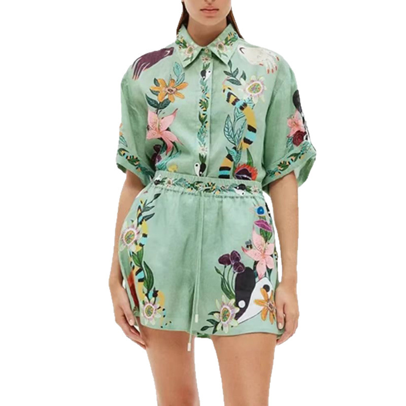 Women's Loose Print Shirt and Shorts Two-Piece Set