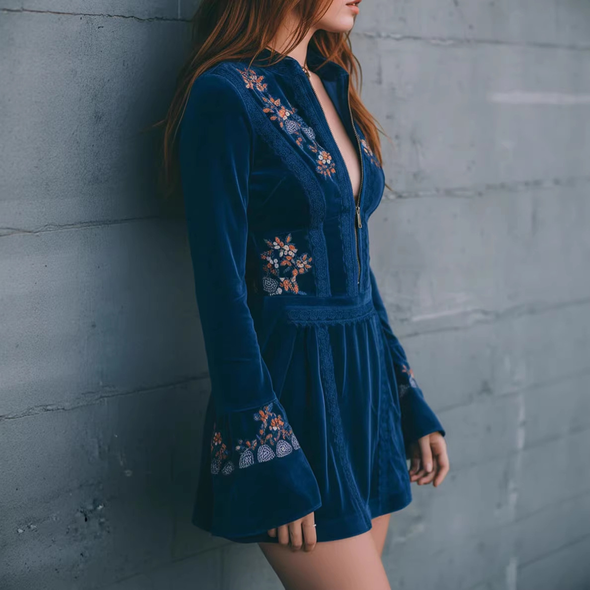 Blue Embroidered V-Neck Long Sleeve Lace Panel Mini Dress