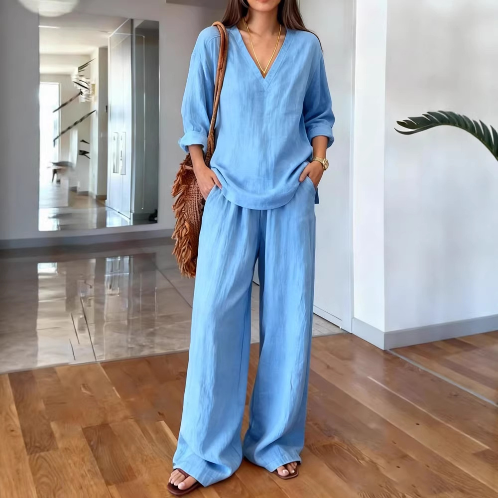 Women's Casual V-Neck Long-Sleeve Top and Pants Set Washed Cotton Multi-Color