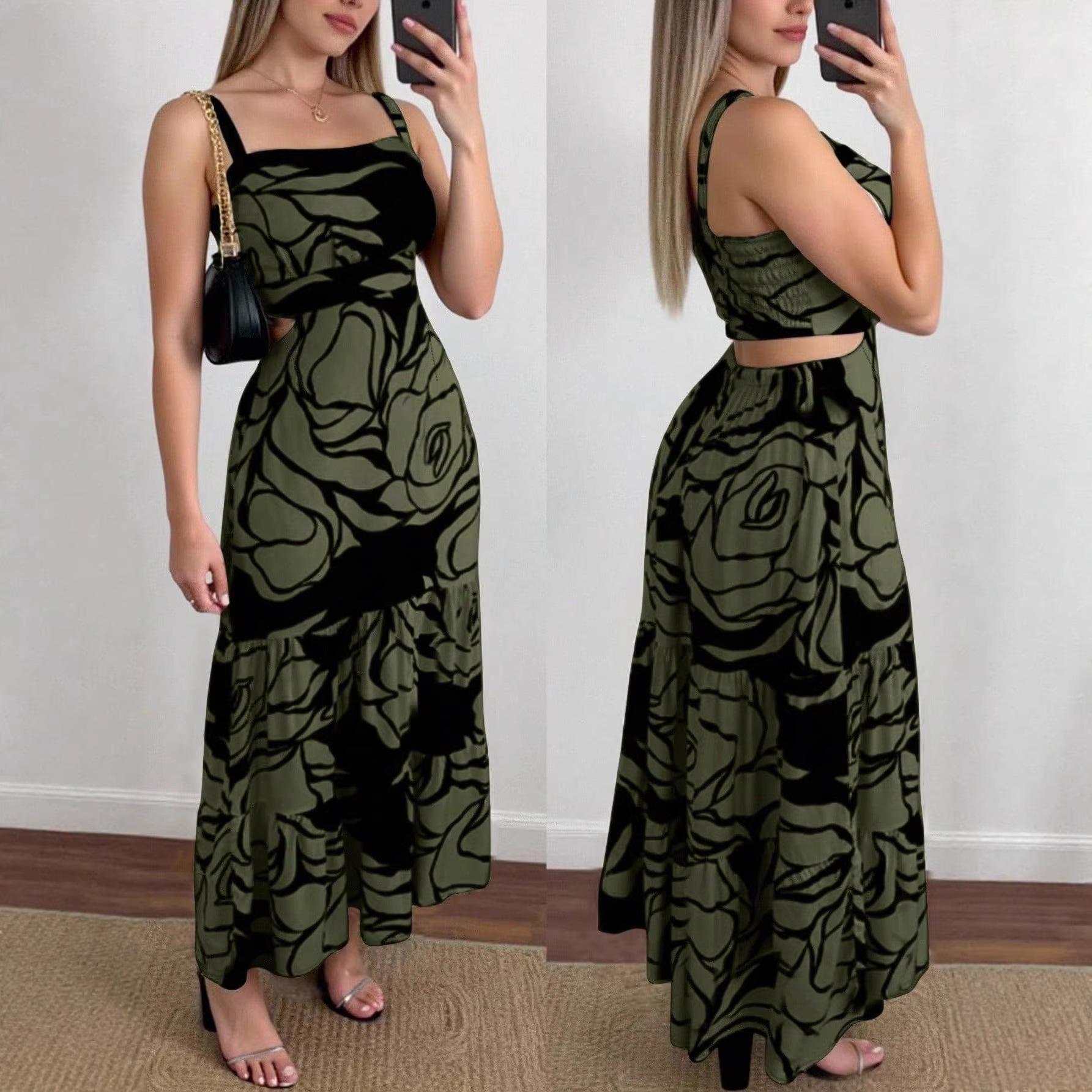 Women's Sleeveless Cutout Open-Back Printed Maxi Dress