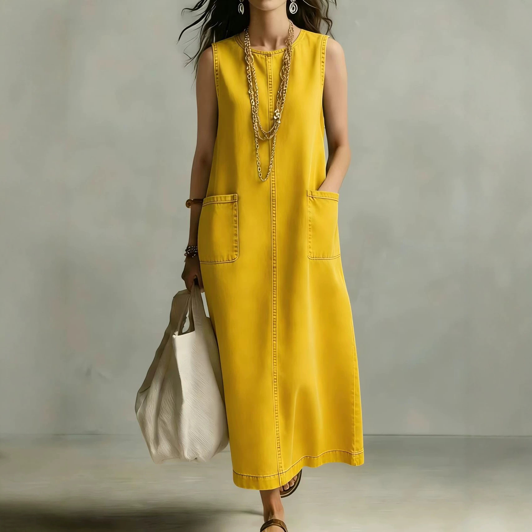 Solid Crewneck Sleeveless Pocket A-Line Midi Dress