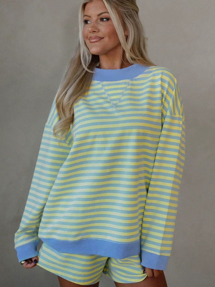 Striped Print Long-Sleeve Top and Shorts Two-Piece Lounge Set
