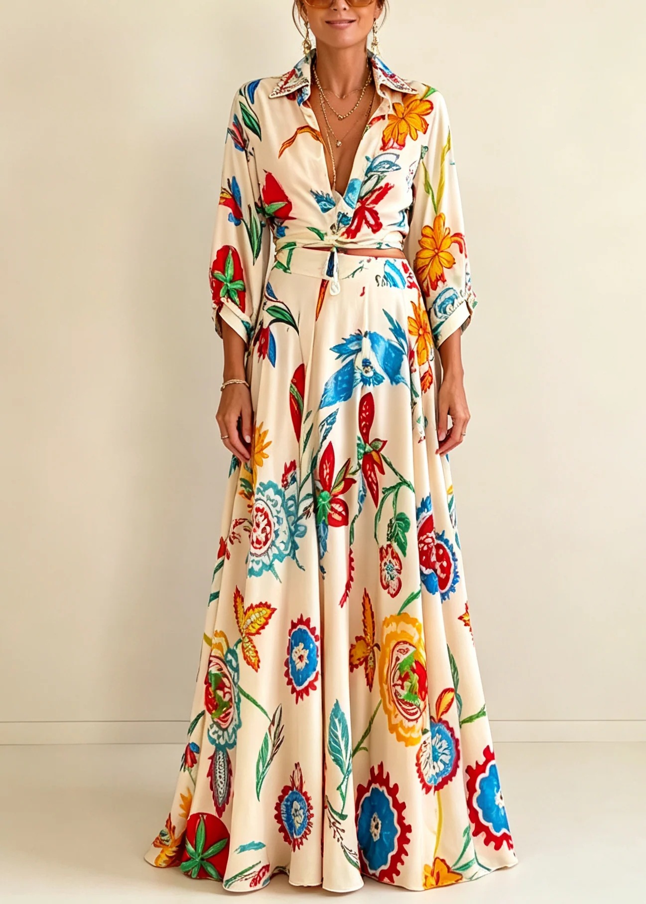 Vintage Oil Painting Floral Print Tie-Front Shirt and Maxi Skirt Two-Piece Set