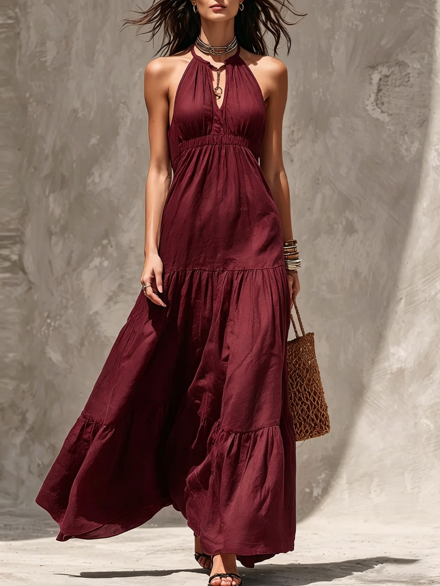 Women's Halter V-Neck Tiered Maxi Dress