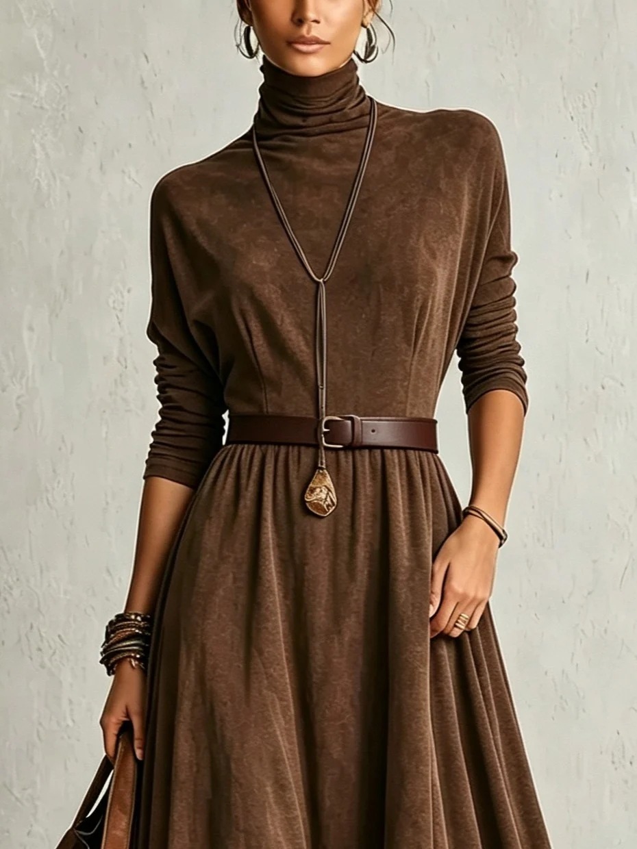 Elegant Color-Block Long Dress with High Neck and Fitted Waist