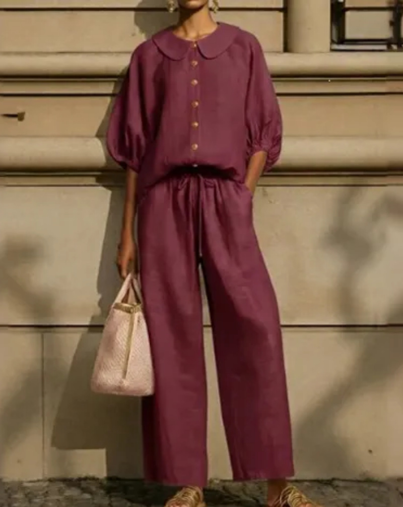 Women's Linen-Blend Collared Shirt and Wide-Leg Pants Set Casual Two-Piece