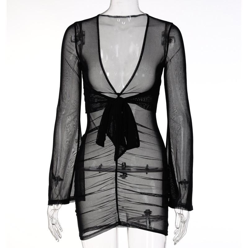 Women's Sheer Mesh Deep V-Neck Bodycon Dress