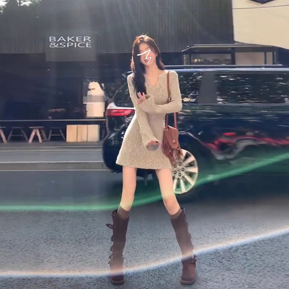 V-Neck Knit Bodycon Mini Dress Slim Fit Long Sleeve