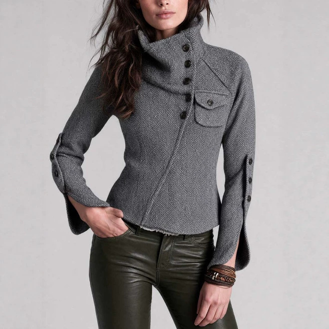 Retro Funnel Neck Herringbone Jacket