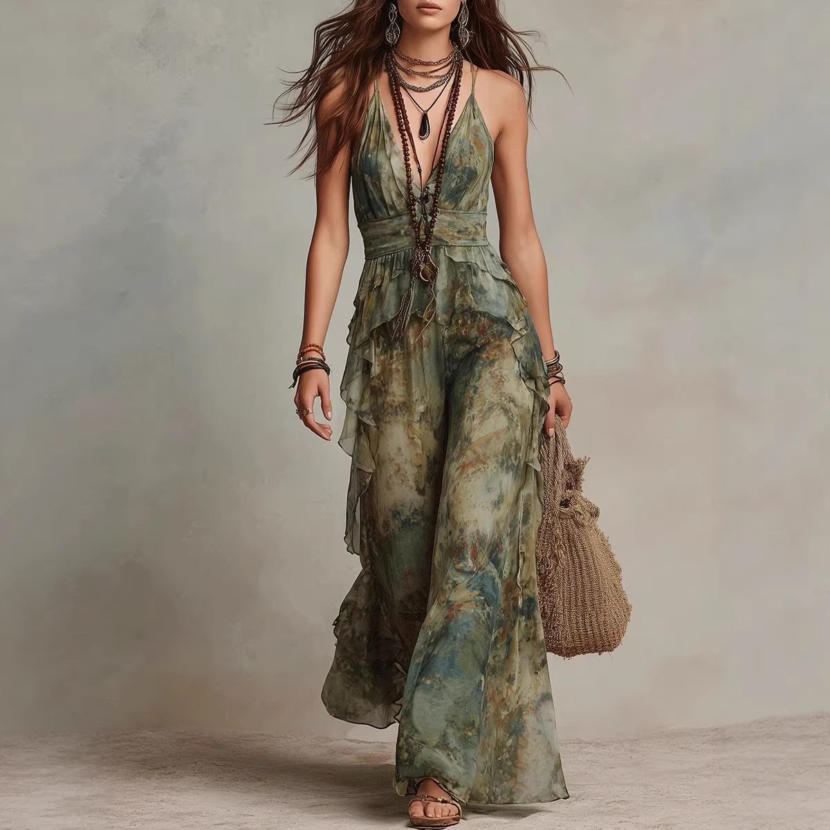 Women's Printed Halter V-Neck Sleeveless Flowy Maxi Dress
