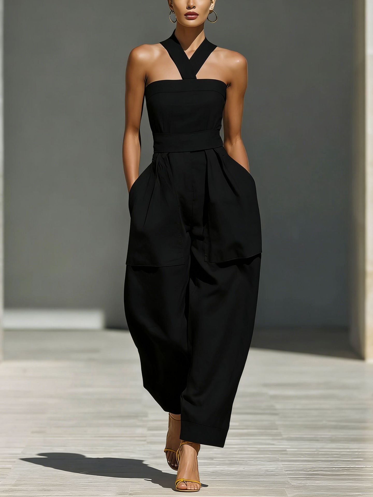 Linen-Blend Cross Halter Neck Loose Women's Jumpsuit