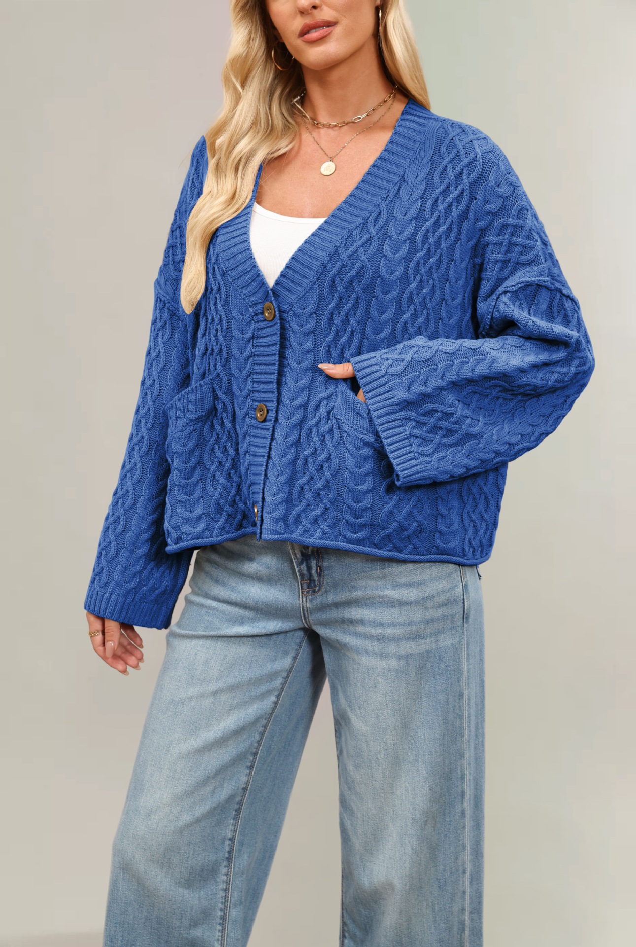 Cable-Knit Loose Solid Cardigan
