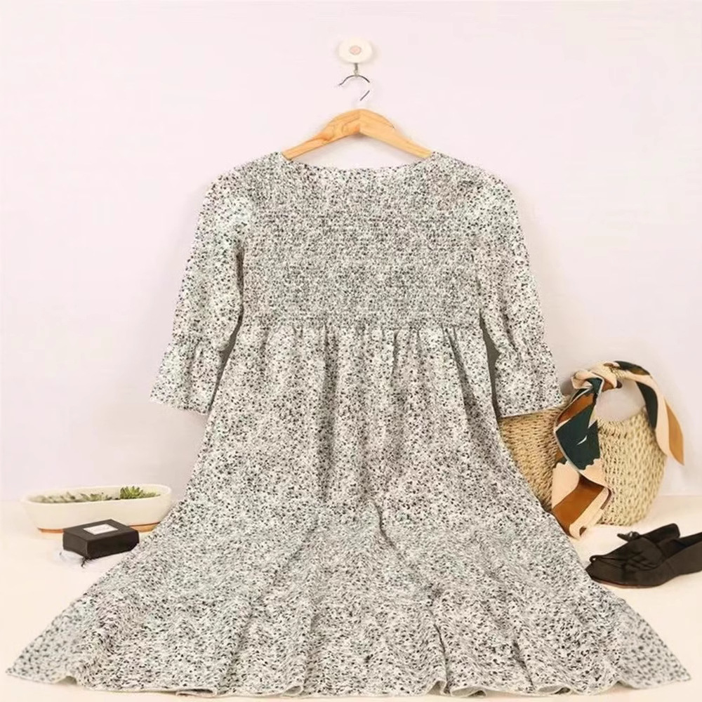 Women's Summer Floral Print Midi Dress Round Neck High Waist