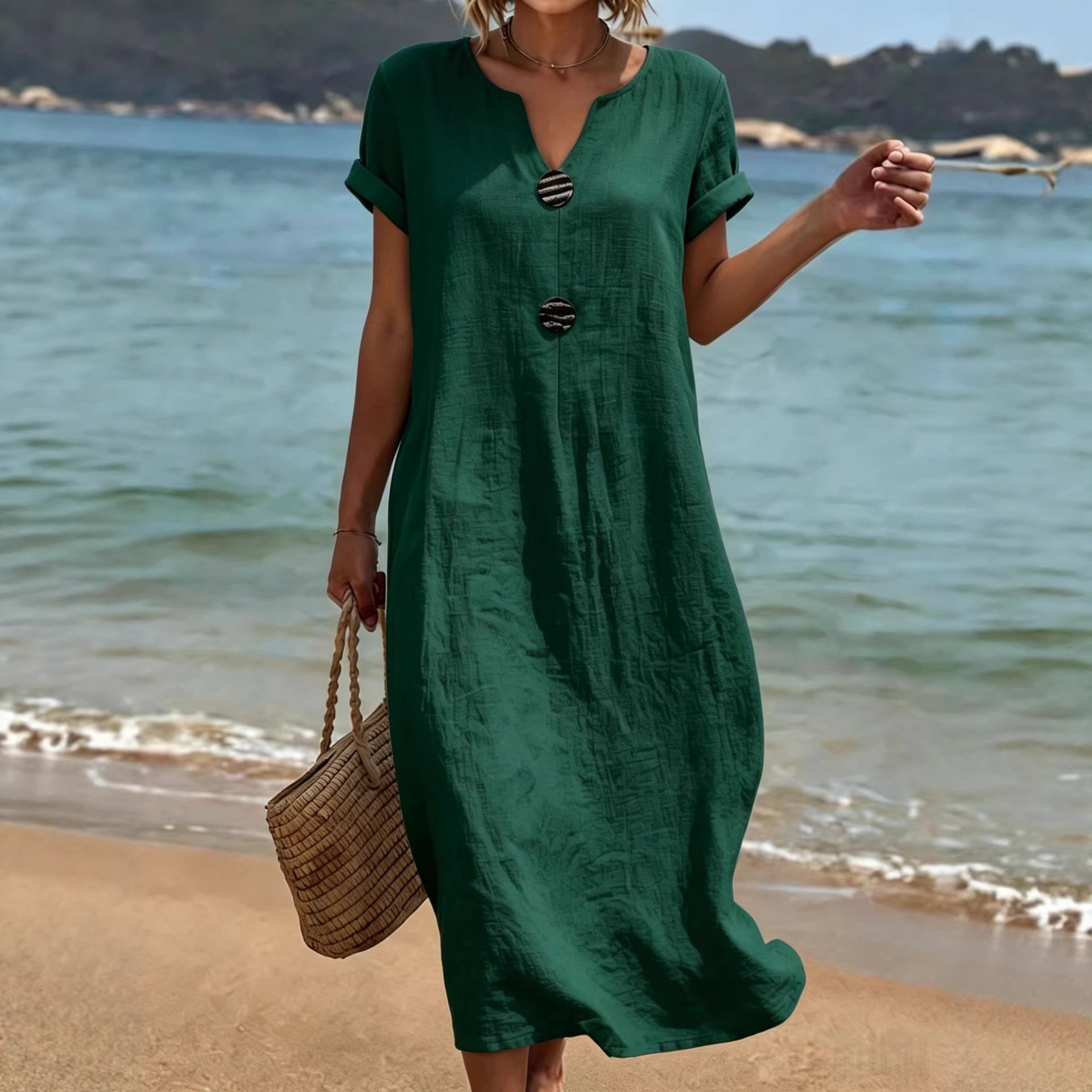 White Cotton-Linen Casual Dress for Women