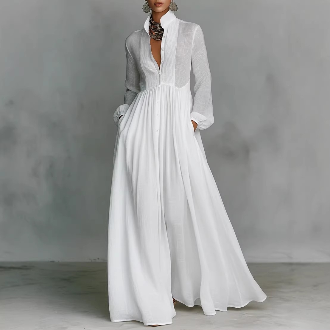 Women's Pleated Long Sleeve A-Line Maxi Dress