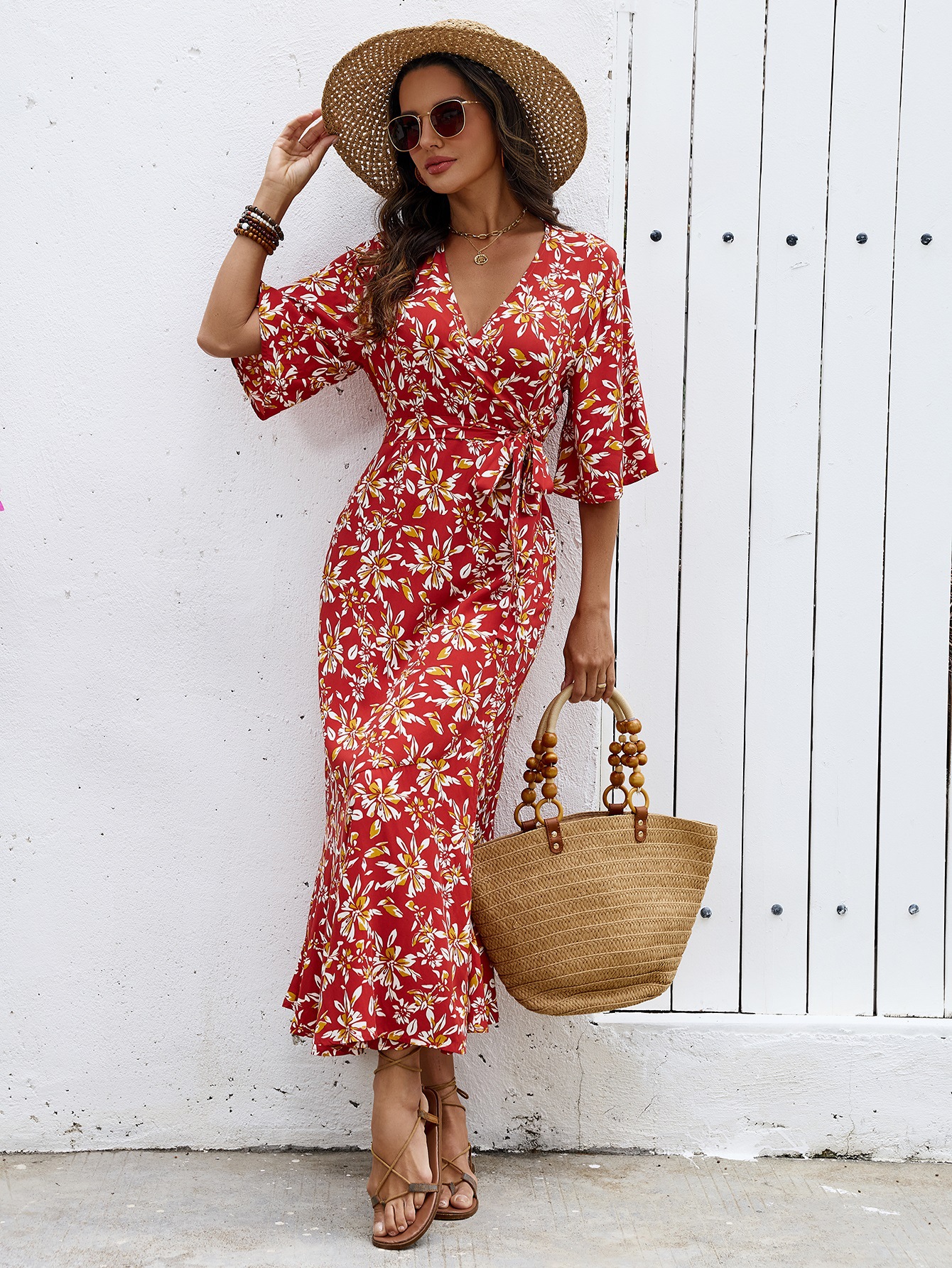 Women's Floral Print V-Neck Slit Midi Dress
