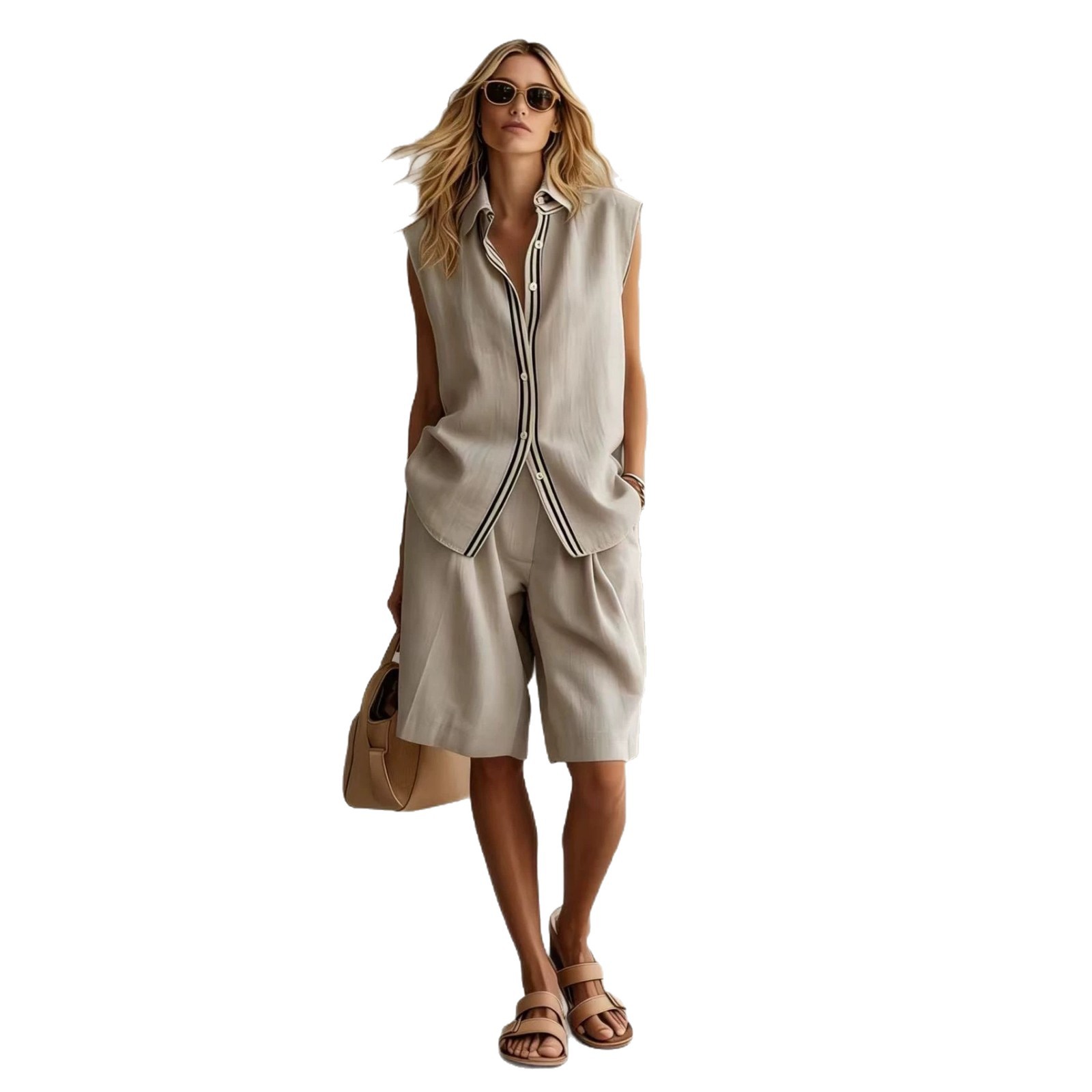 Women's Sleeveless Button-Front Linen-Blend Top and Shorts Set Casual Summer