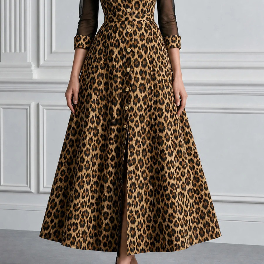 Leopard Print A-Line Long Sleeve Maxi Dress with Collar