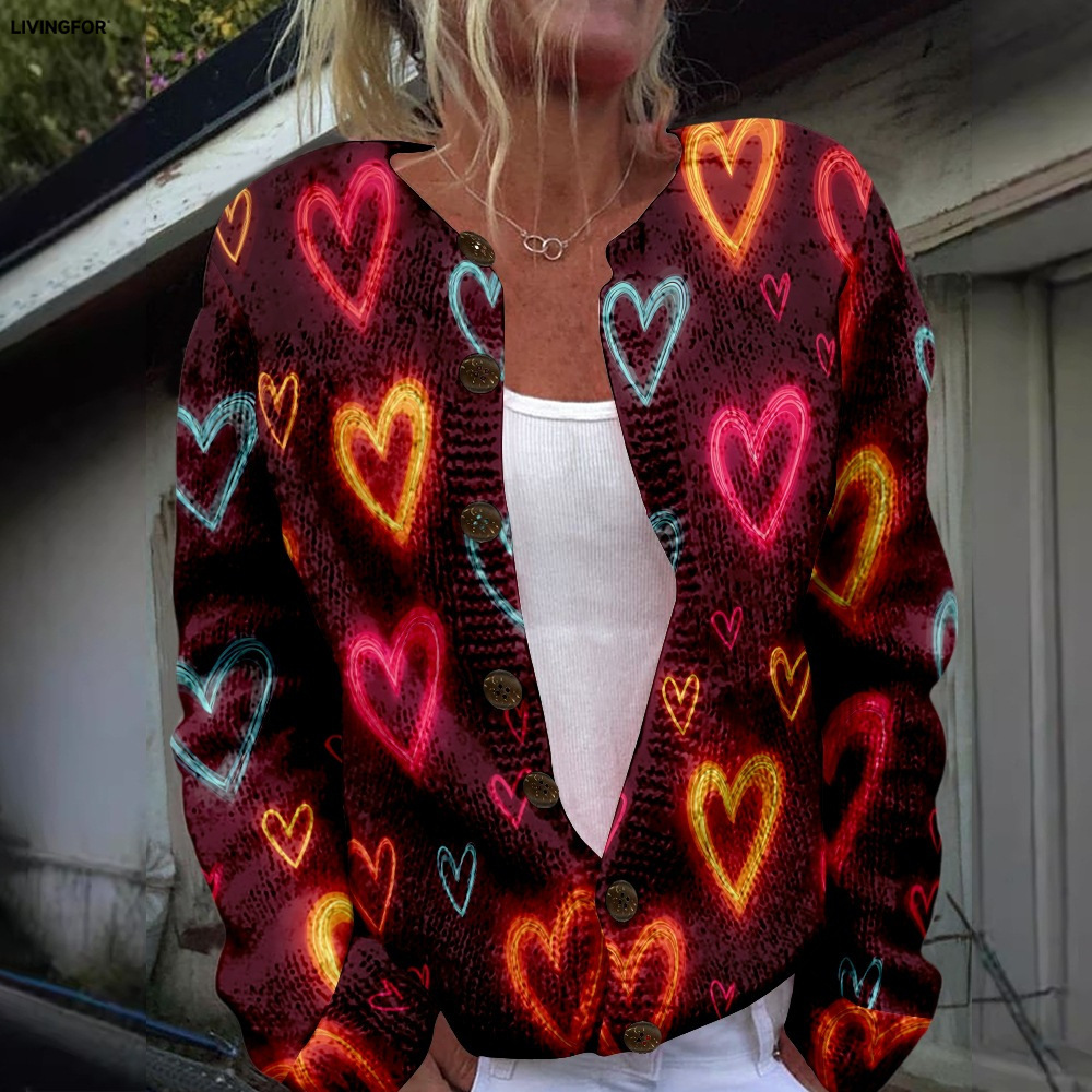 Women's Heart & Flower Print Button Cardigan Sweater