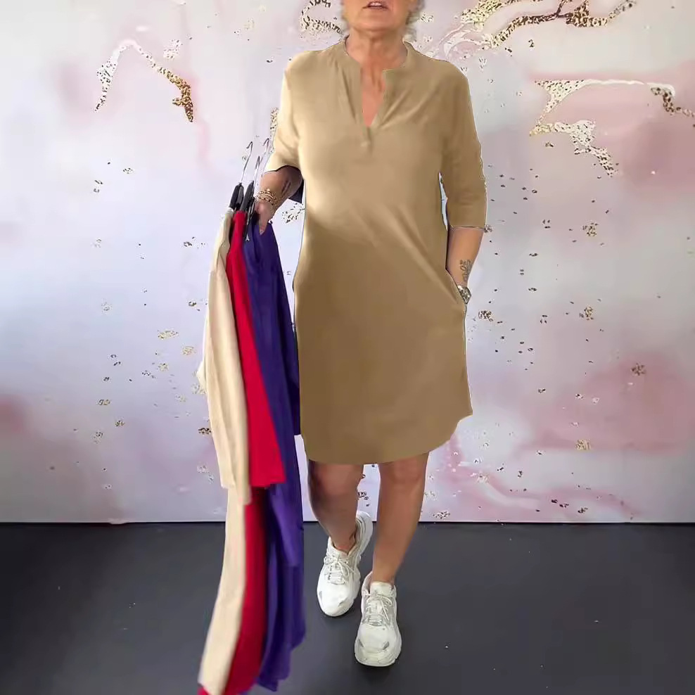 Women's Solid V-Neck Midi Dress Long Sleeve High Waist
