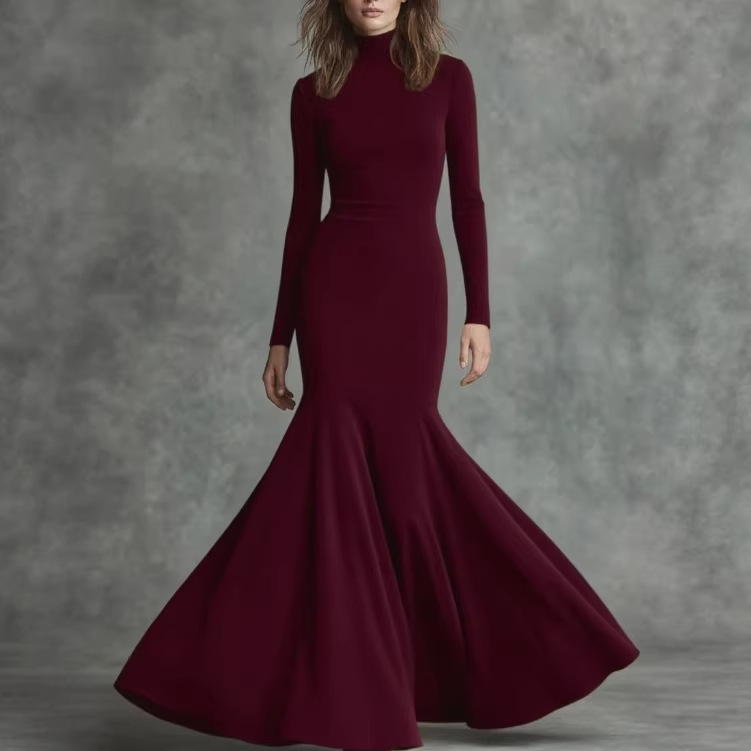 Elegant Mermaid Maxi Dress High Neck Long Sleeve Solid Color