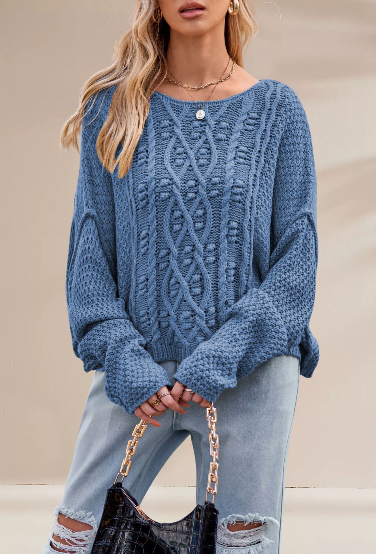 Crewneck Cable Knit Loose Solid Color Sweater for Women