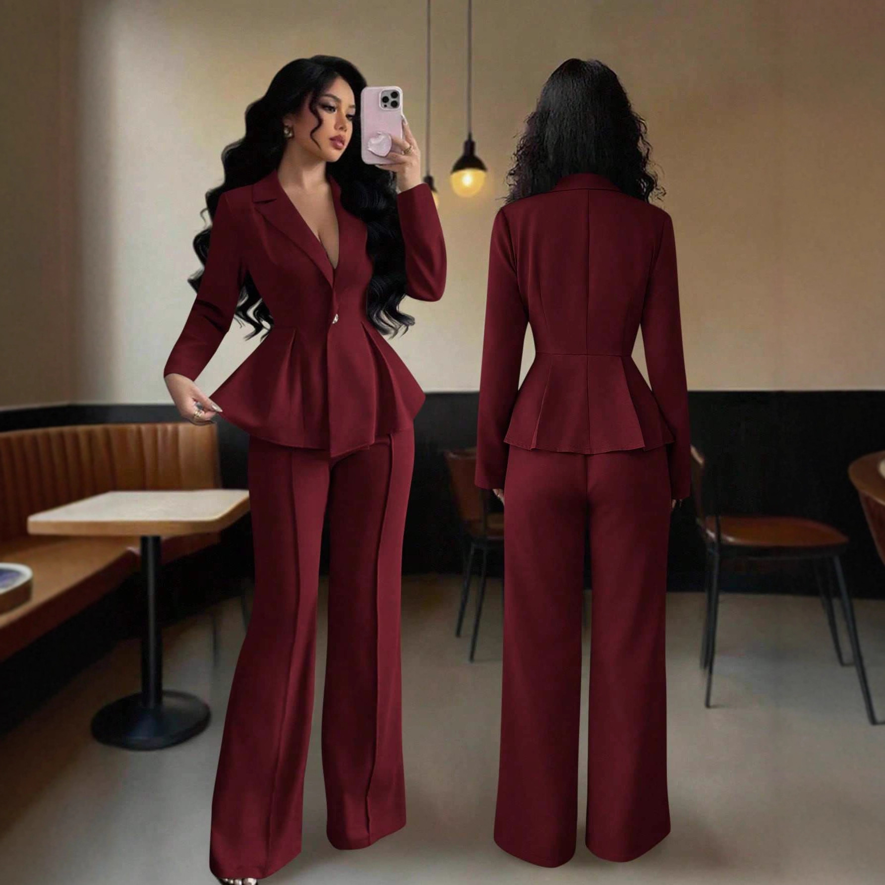 Women's Elegant Flared Pants Suit Set with Cinched Waist
