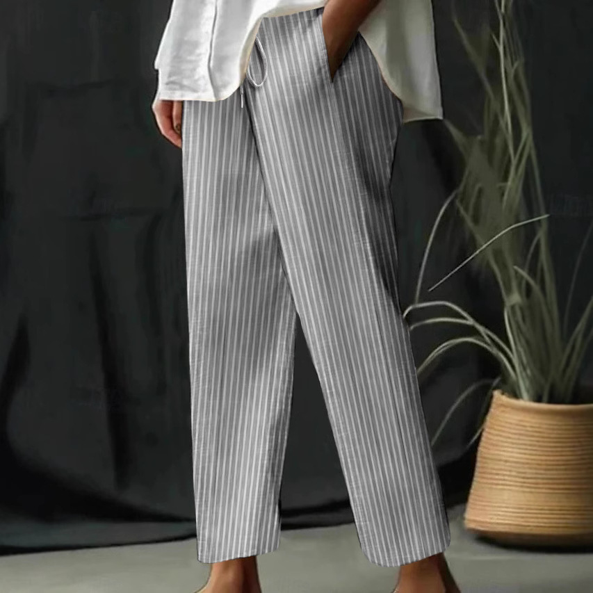 Striped & Solid Cotton-Linen Loose Casual Pants
