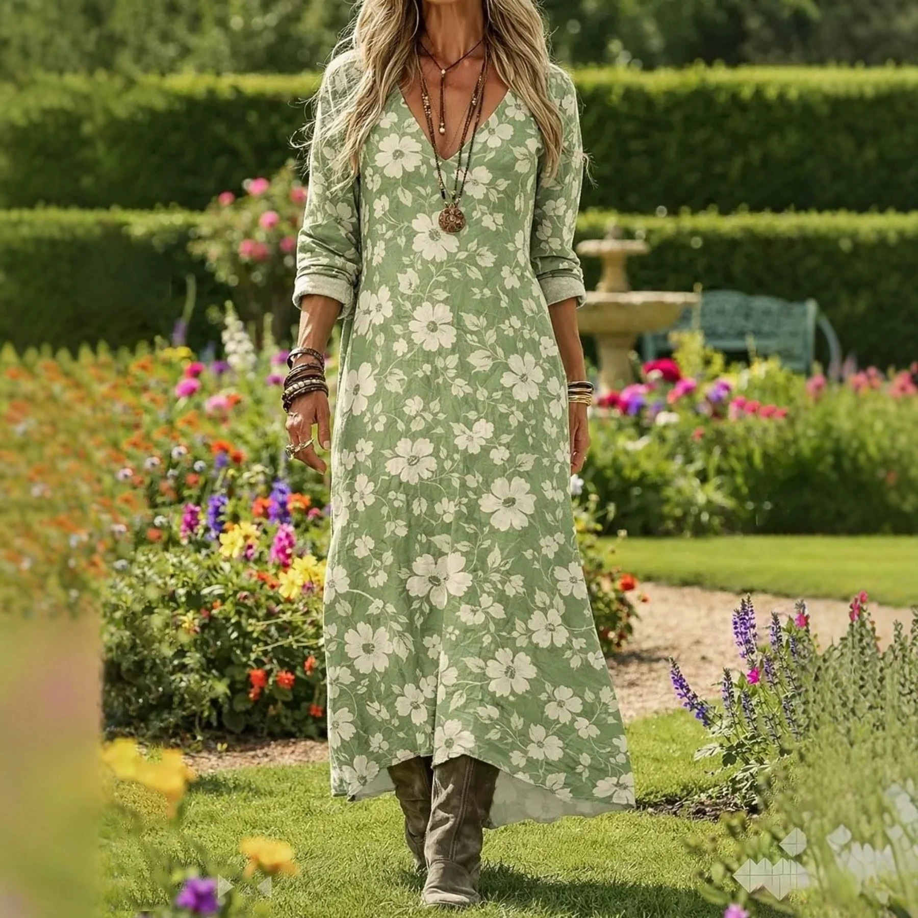 Women's Floral Print Casual Midi Dress Short Sleeve V-Neck