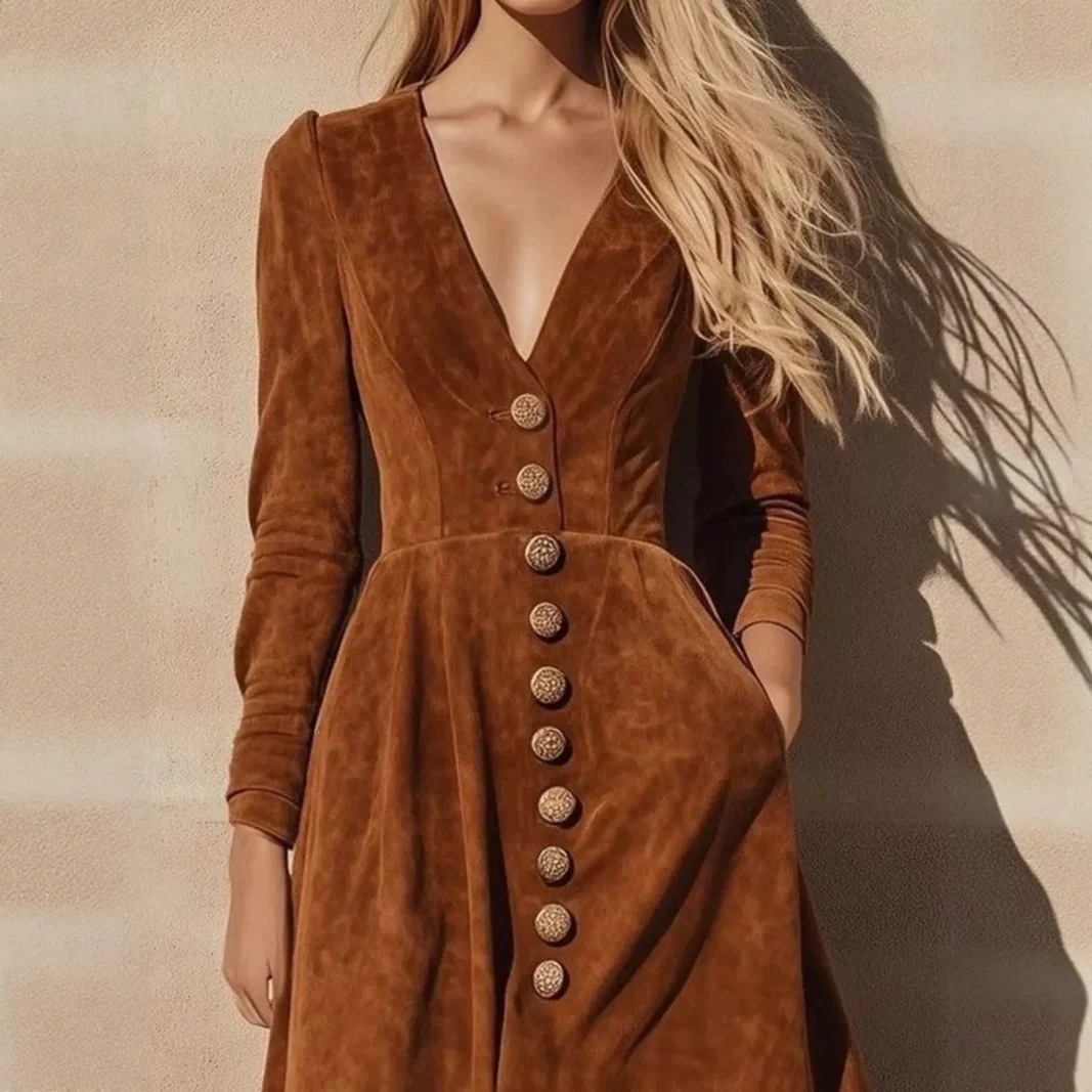 Western Vintage Velvet V-Neck Buttoned Waist Ruffle Maxi Dress