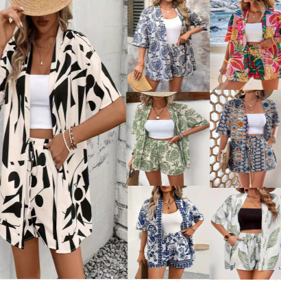 Vacation Print Two-Piece Set: Short Sleeve Tie-Front Shirt & High-Waist Shorts