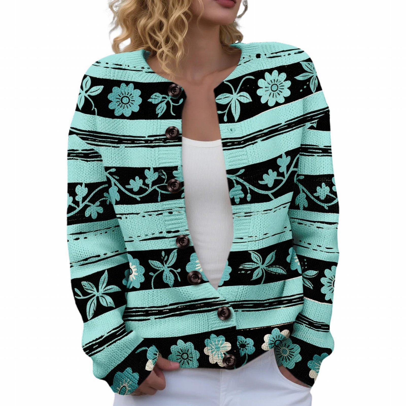 Women's Floral Maple Leaf Print Button Cardigan