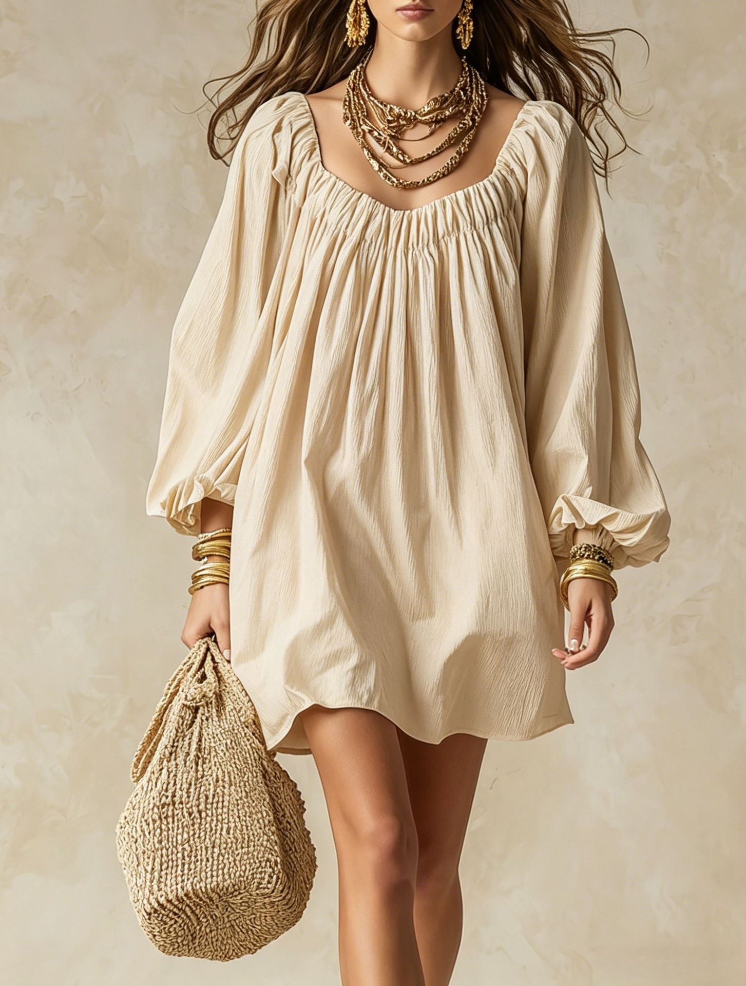 Boho Square Neck Lantern Sleeve A-Line Short Dress