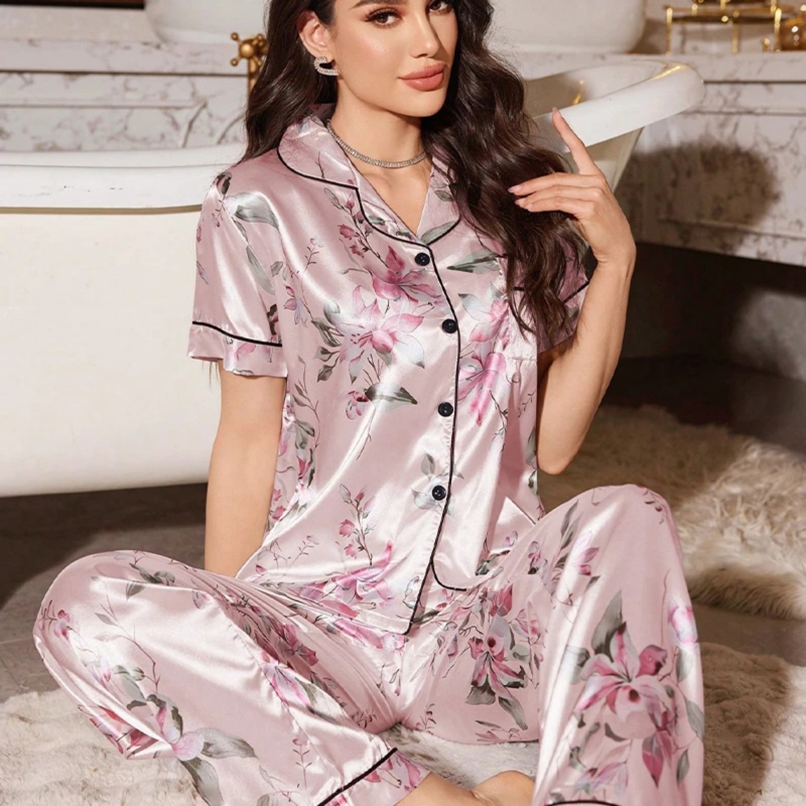 Women's Cuban Collar 3D Print Short Sleeve Shirt & Pants Loungewear Set