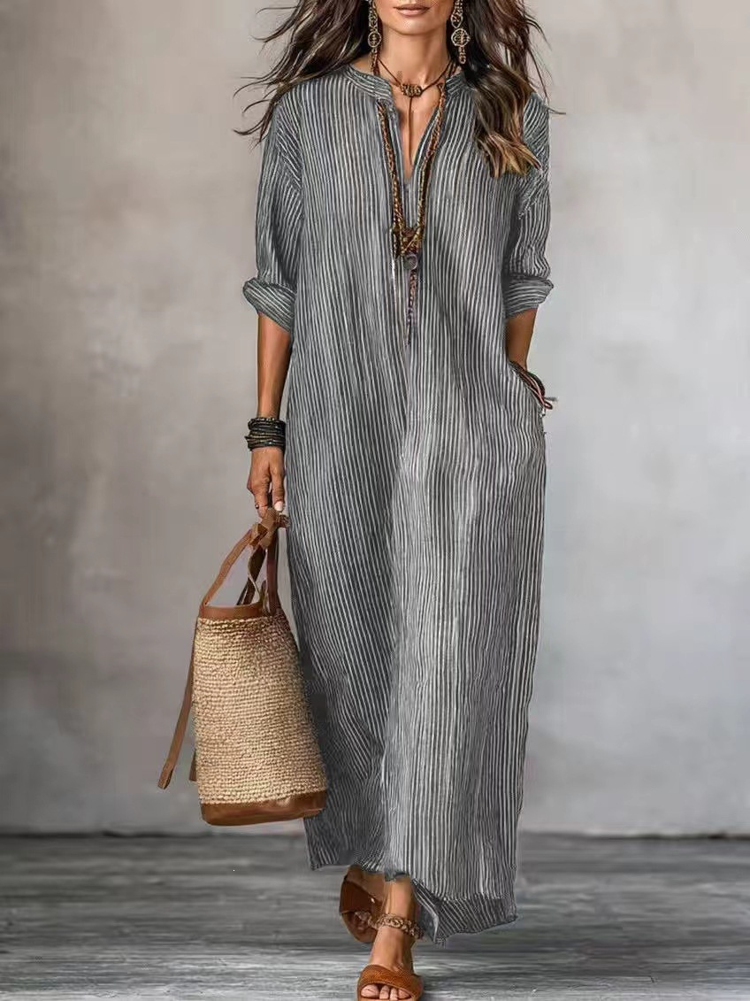 V-Neck Striped Loose Casual Dress