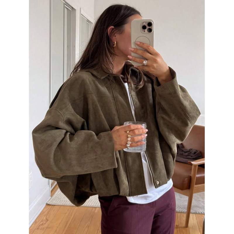 Sueded Faux Leather Bomber Jacket with Collar