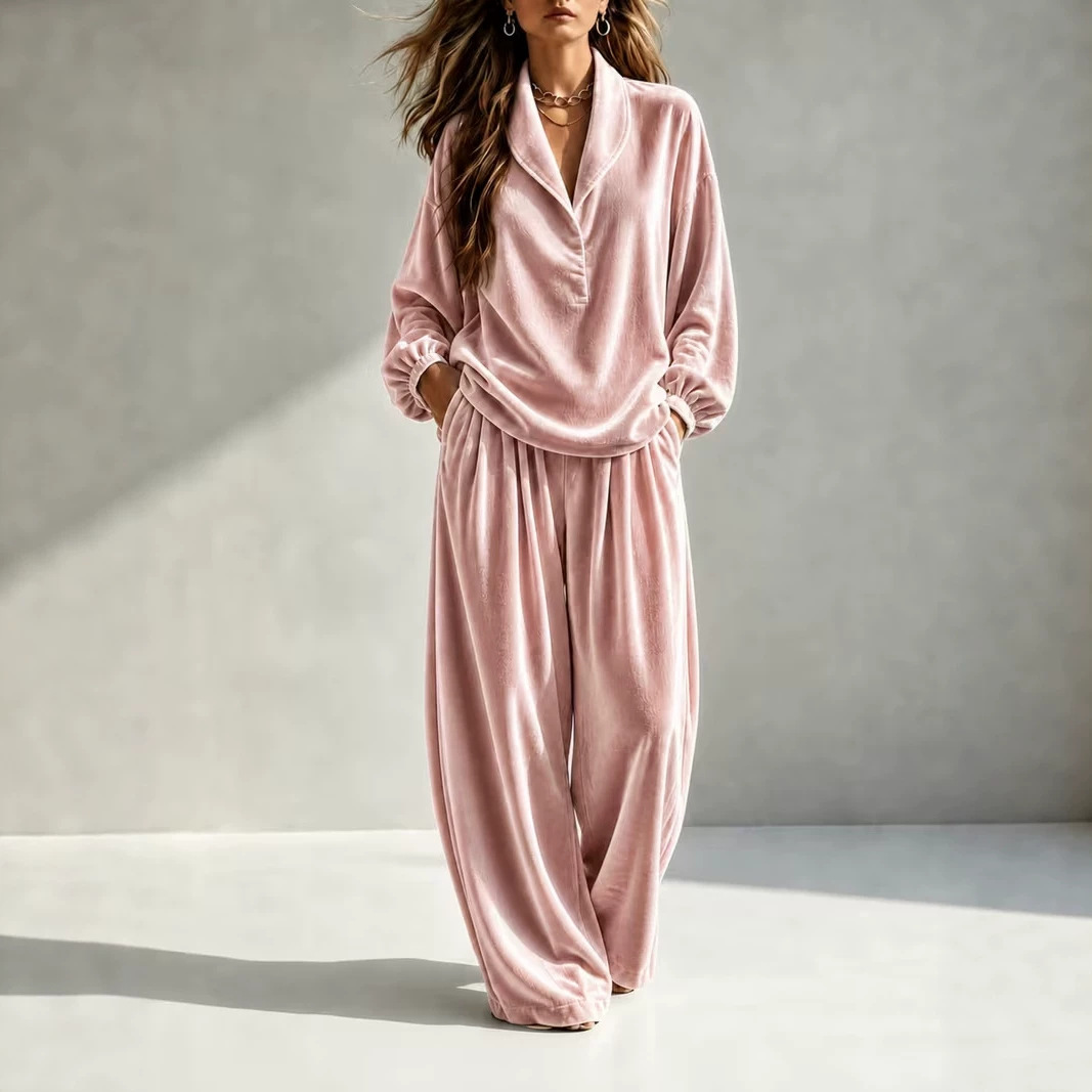Velvet Long Sleeve Collared Top and Wide-Leg Pants Set