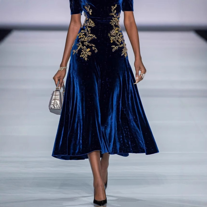 Embroidered Off-Shoulder High-Waist Midi Dress
