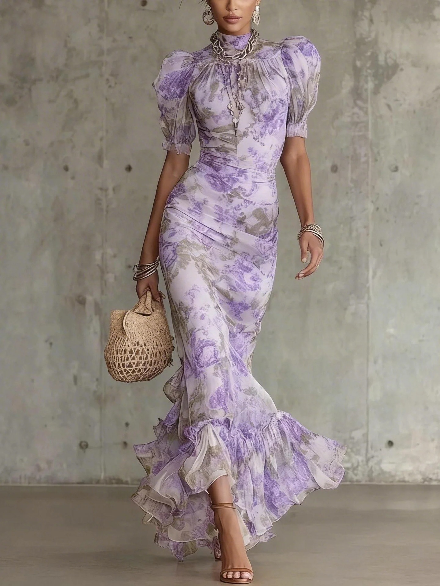 Sexy Mesh Print Mermaid Dress Off-Shoulder Short Sleeve