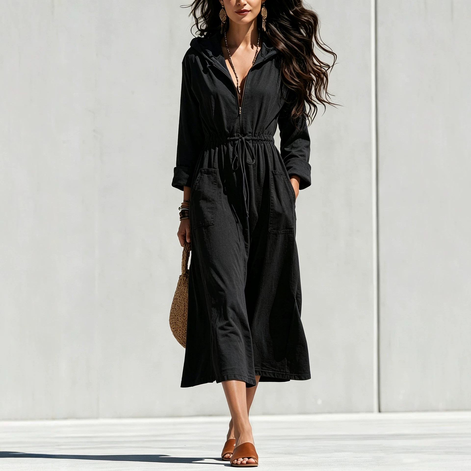 Women's Solid Half-Zip Drawstring Hooded Midi Dress